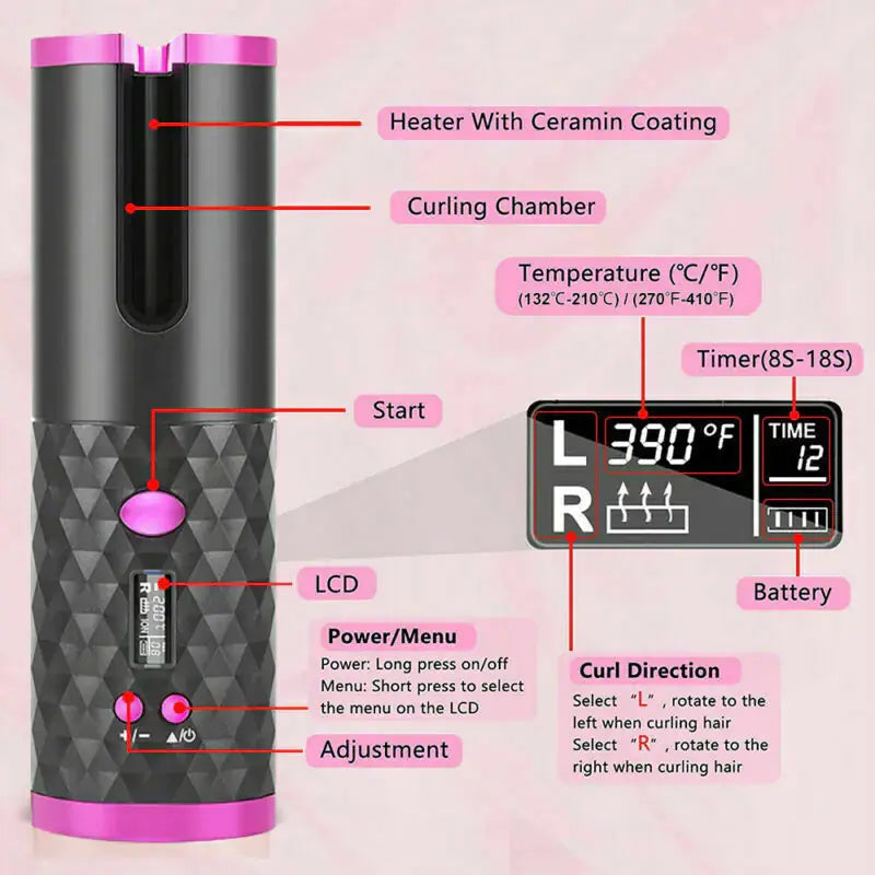 Hair Curler LCD Cordless Auto Rotating Waver Curling Iron Ceramic Wireless USA My Store