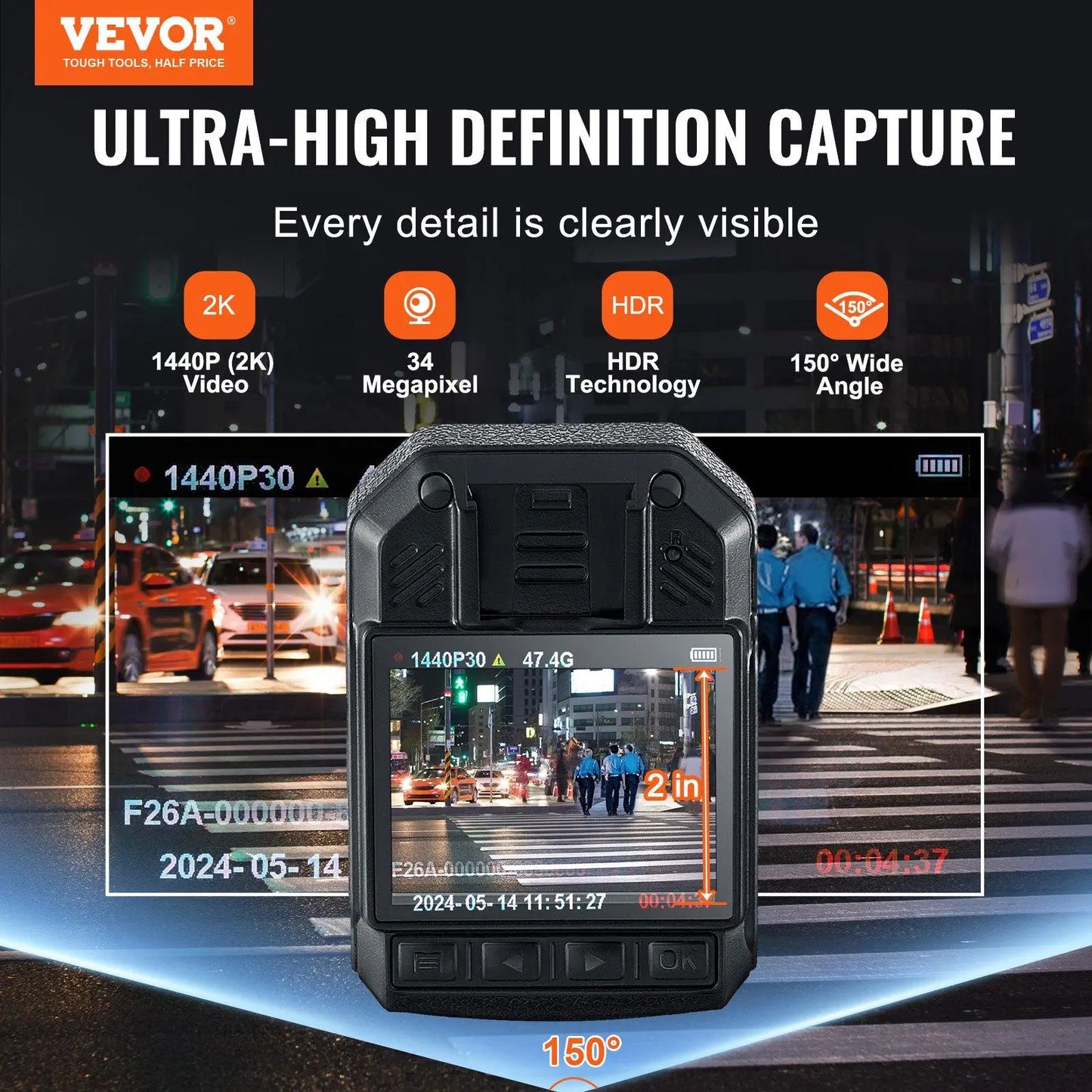 VEVOR 1440P HD Police Body Camera, 64GB Body Cam with Audio Video Recording Picture, Built-in 2850 mAh Battery, 2.0" LCD, Infrared Night Vision, Waterproof Personal Body Cam for Law Enforcement Online Contraptions