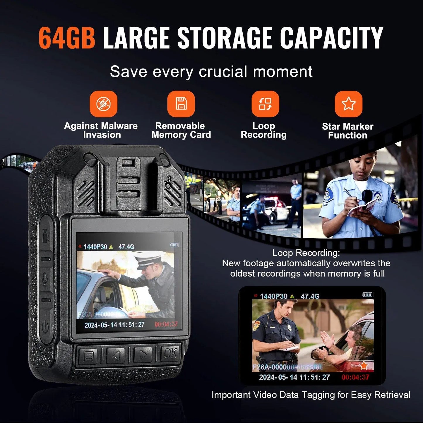 VEVOR 1440P HD Police Body Camera, 64GB Body Cam with Audio Video Recording Picture, Built-in 2850 mAh Battery, 2.0" LCD, Infrared Night Vision, Waterproof Personal Body Cam for Law Enforcement Online Contraptions