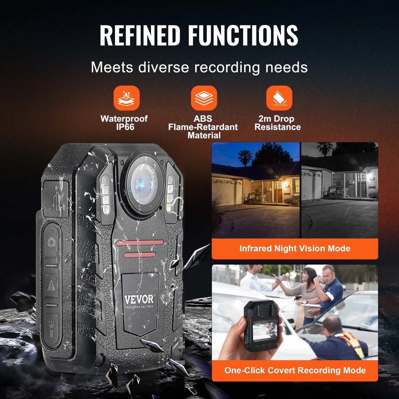 VEVOR 1440P HD Police Body Camera, 64GB Body Cam with Audio Video Recording Picture, Built-in 2850 mAh Battery, 2.0" LCD, Infrared Night Vision, Waterproof Personal Body Cam for Law Enforcement Online Contraptions