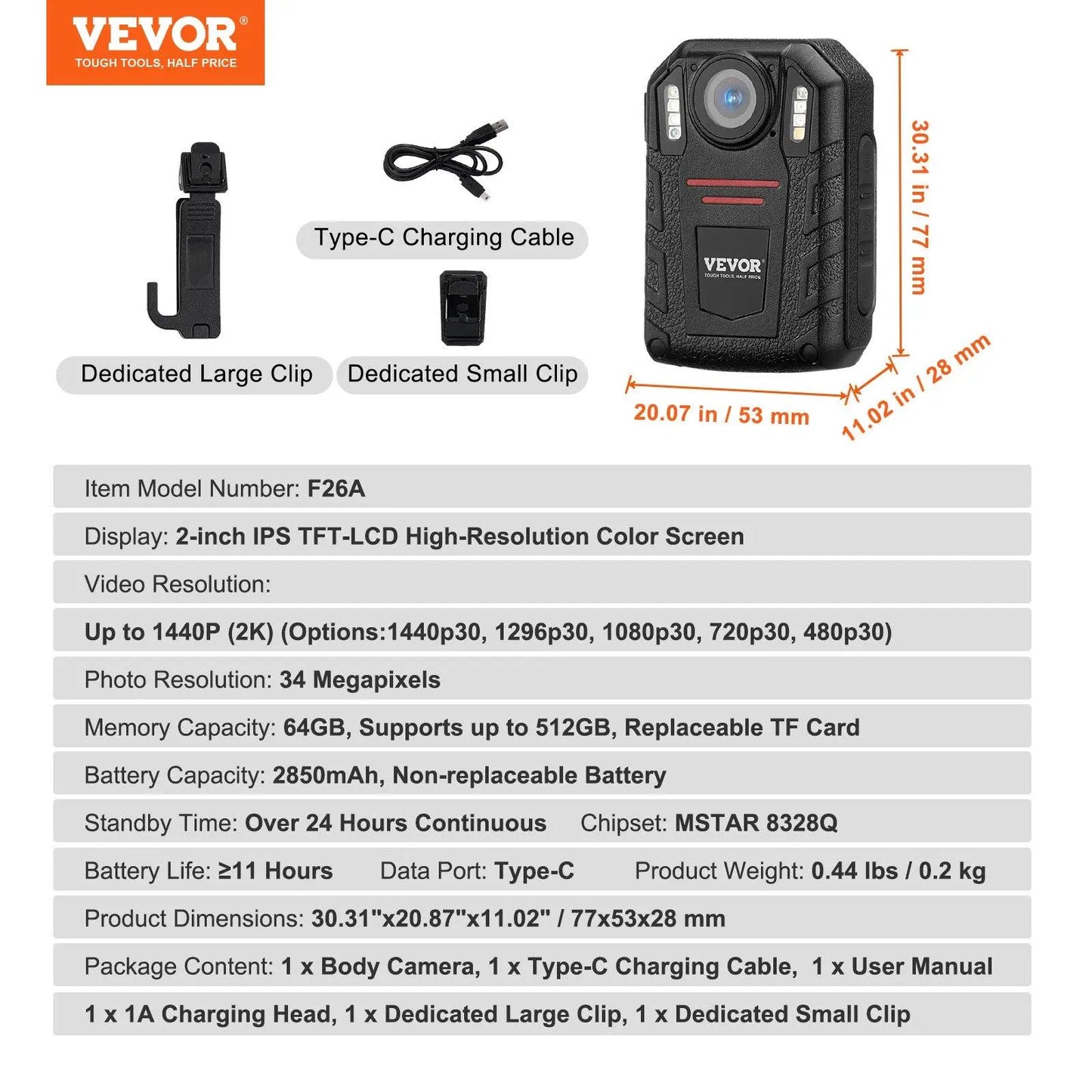 VEVOR 1440P HD Police Body Camera, 64GB Body Cam with Audio Video Recording Picture, Built-in 2850 mAh Battery, 2.0" LCD, Infrared Night Vision, Waterproof Personal Body Cam for Law Enforcement Online Contraptions