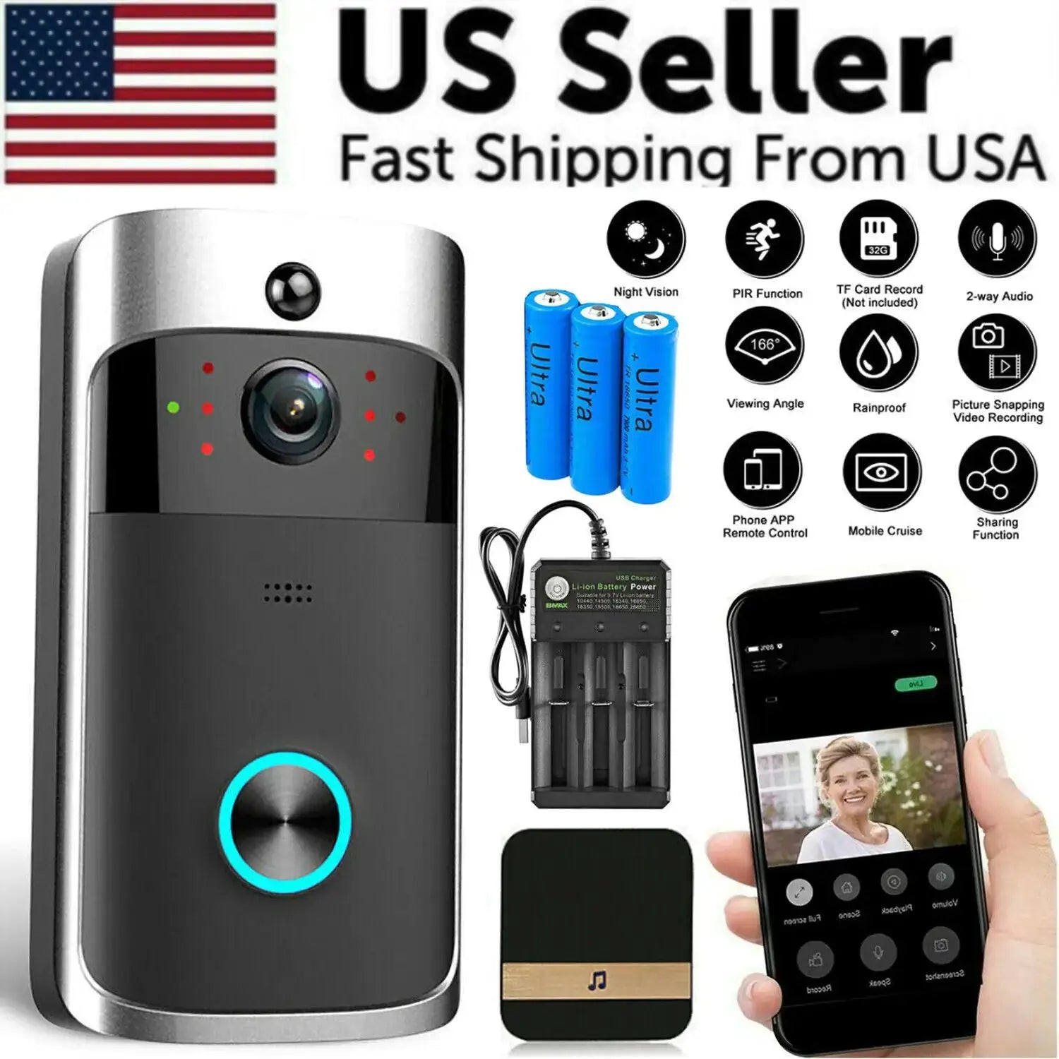 Smart Wireless WiFi Video Doorbell Phone Door Ring Intercom Security Camera Bell My Store