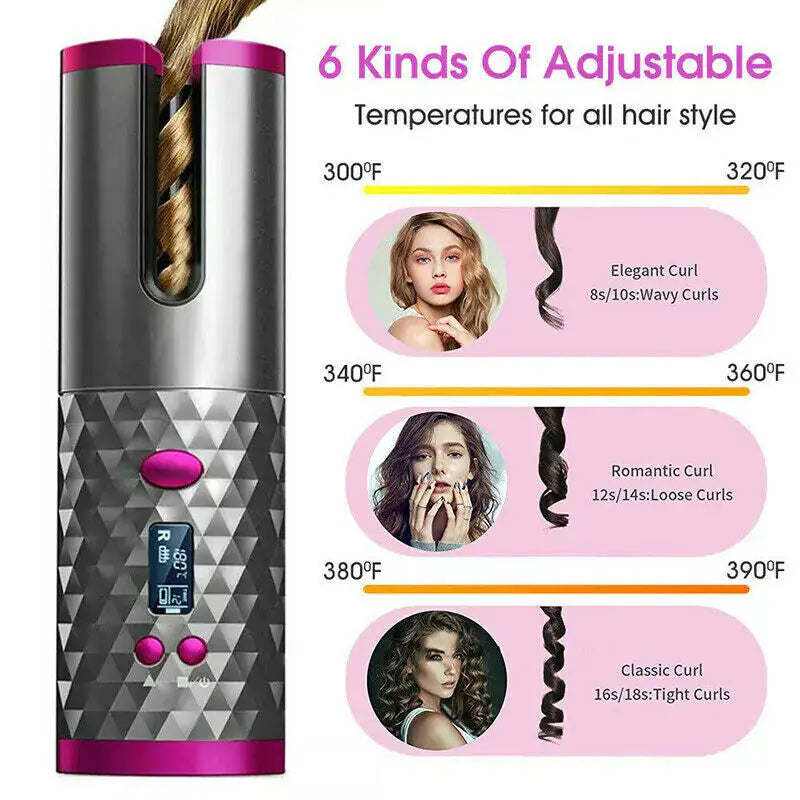 Hair Curler LCD Cordless Auto Rotating Waver Curling Iron Ceramic Wireless USA My Store