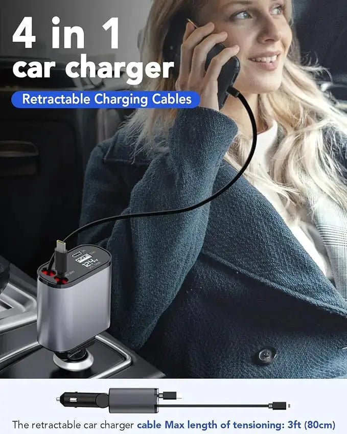 TIKTOK SHOP Retractable Car Charger, 4 in 1 Fast Car Phone Charger 66W, Retractable Cables and USB Car Charger,Compatible with iPhone 15/14/13/12/11,Galaxy,Pixel My Store