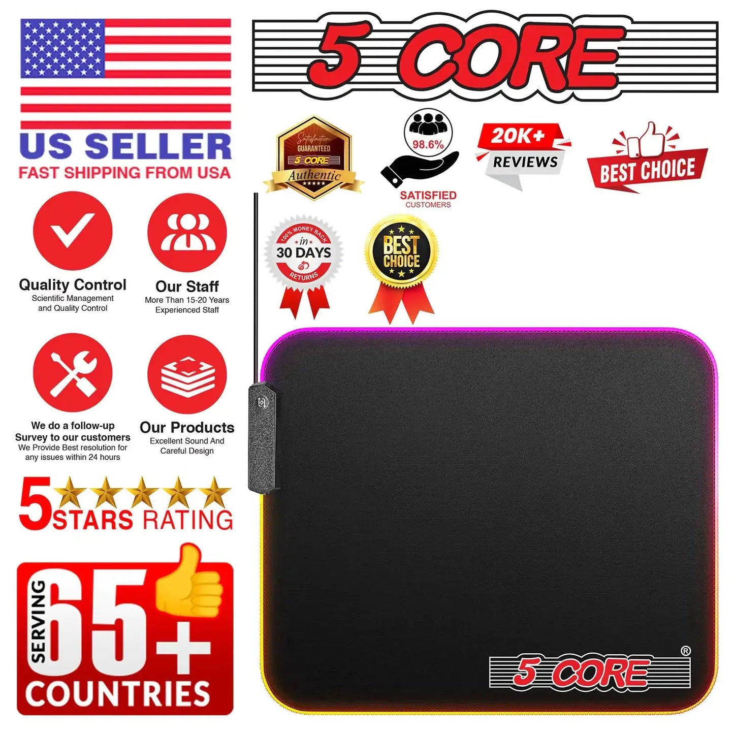 5 Core Gaming Mouse Pad RGB 12 Light Modes 2 Zone Desk Mouse Mat w Rubber Base My Store