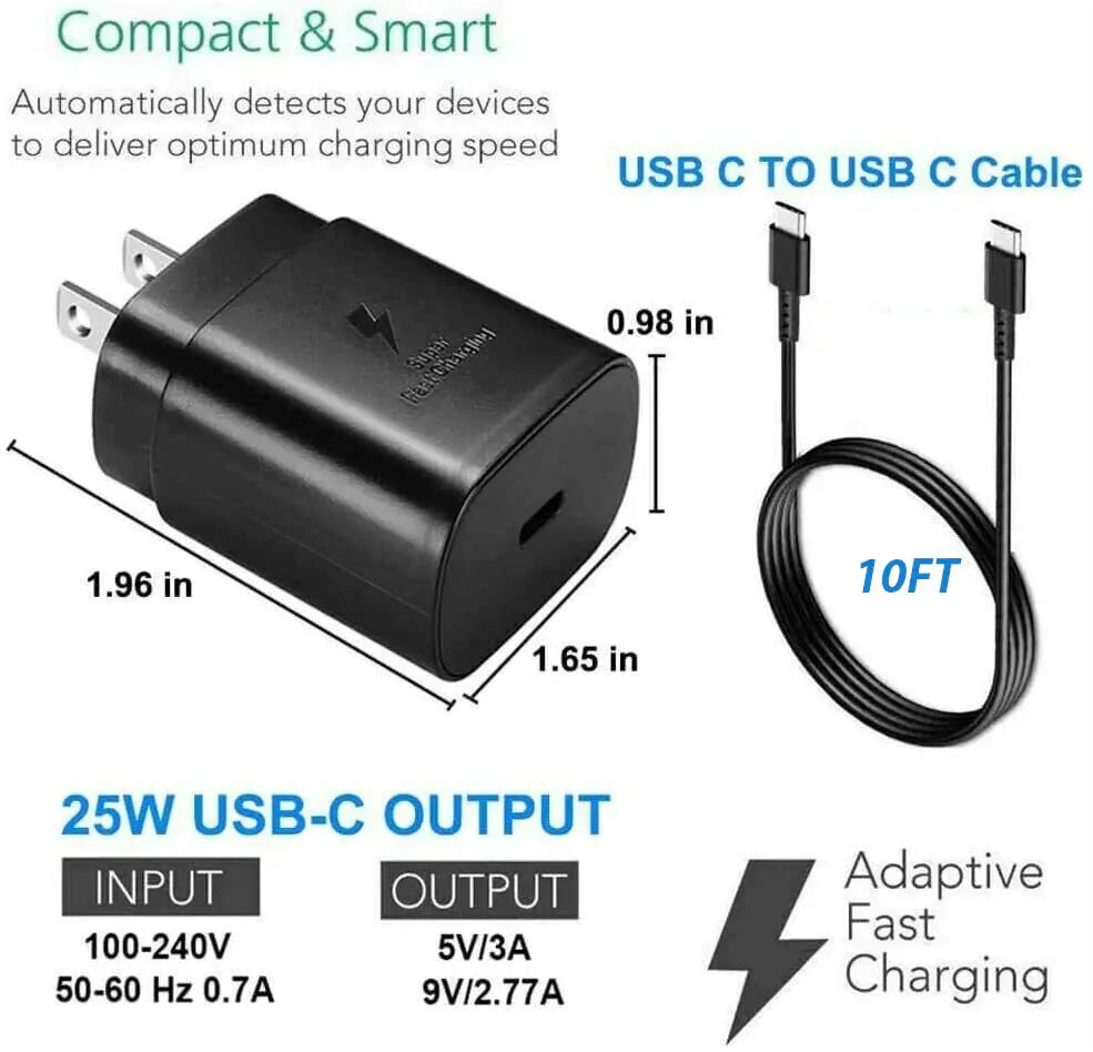 25w Super Fast Charger Type USB-C 10FT Cable For Samsung Galaxy S23 S22 S21 S20 My Store