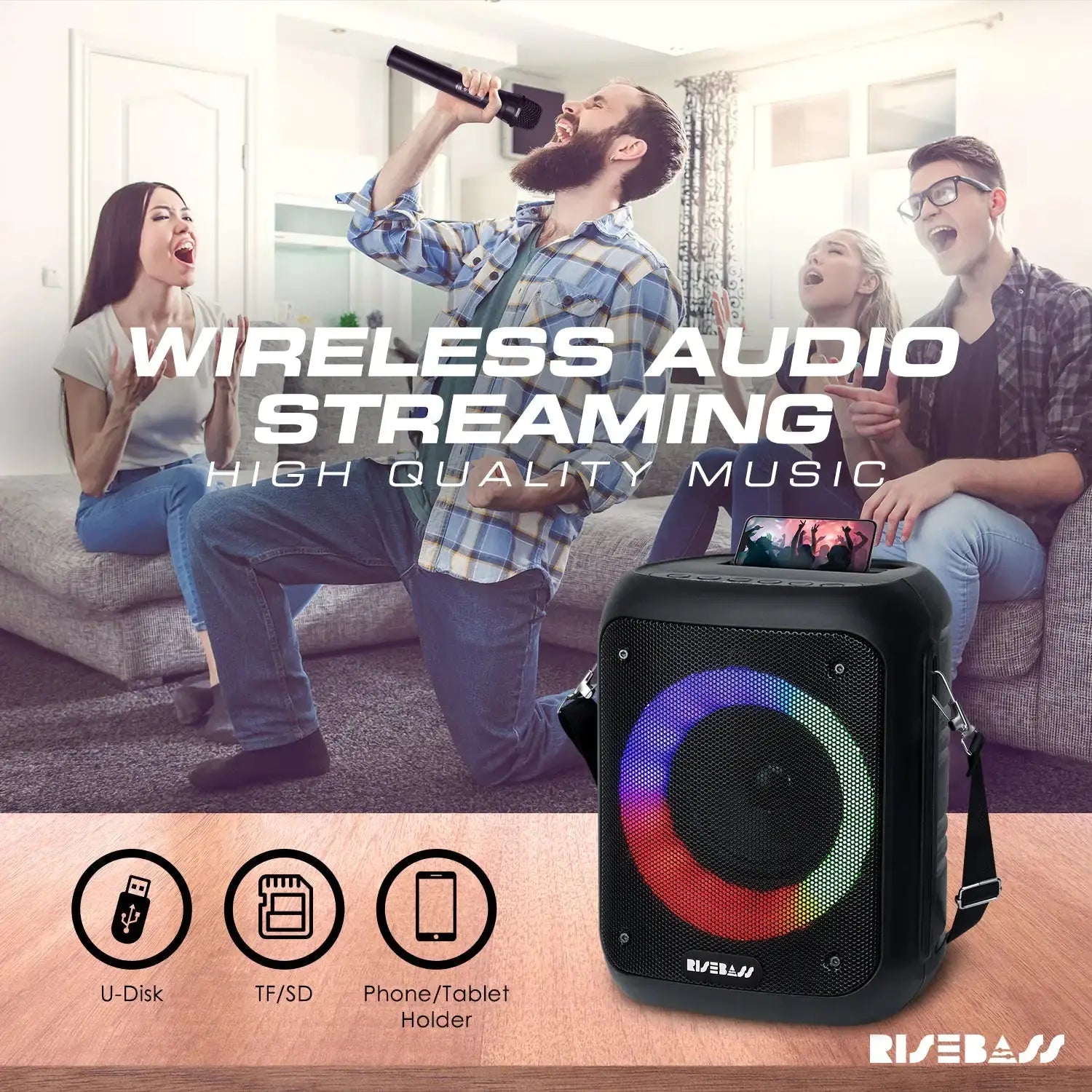 Risebass Portable Karaoke Machine with 2 Wireless Microphones - Bluetooth Rechargeable Speaker with USB/SD/TF Card Support, AUX-in, Tripod Screw Mount and Phone Slot. My Store