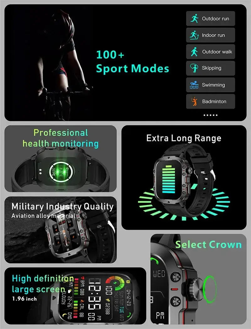 2024 New For Xiaomi Military Smart Watch Men IP68 5ATM Outdoor Sports Fitness Tracker Health Monitor 1.96" BT Call Smartwatch LIGE Smartwatch Dropshipping Store