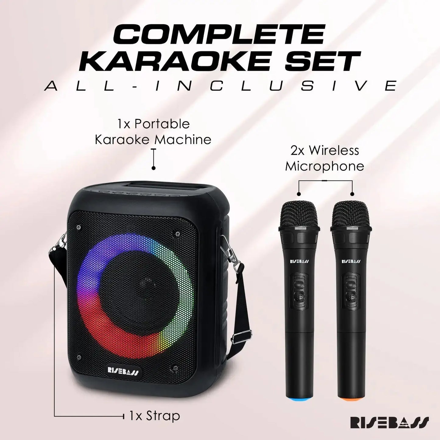 Risebass Portable Karaoke Machine with 2 Wireless Microphones - Bluetooth Rechargeable Speaker with USB/SD/TF Card Support, AUX-in, Tripod Screw Mount and Phone Slot. My Store