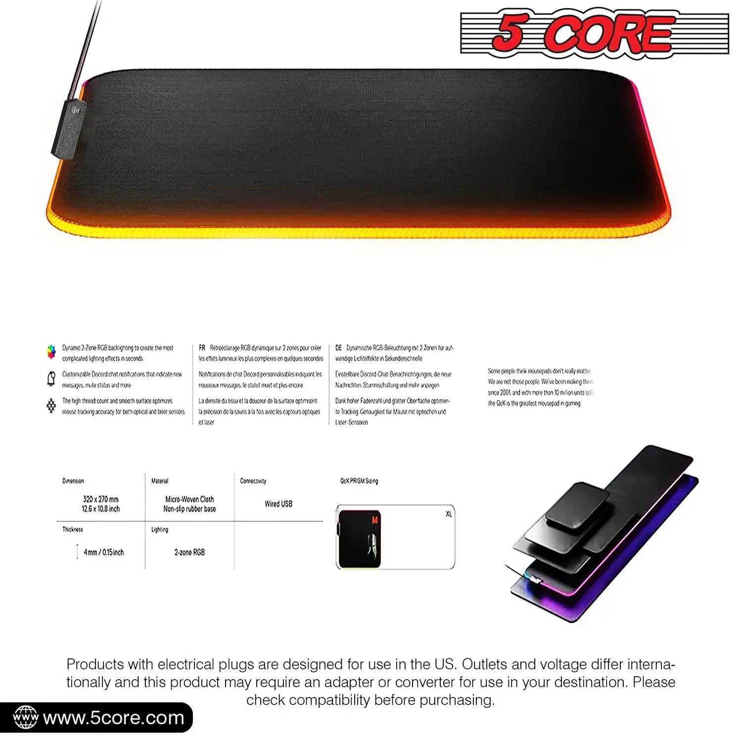 5 Core Gaming Mouse Pad RGB 12 Light Modes 2 Zone Desk Mouse Mat w Rubber Base My Store