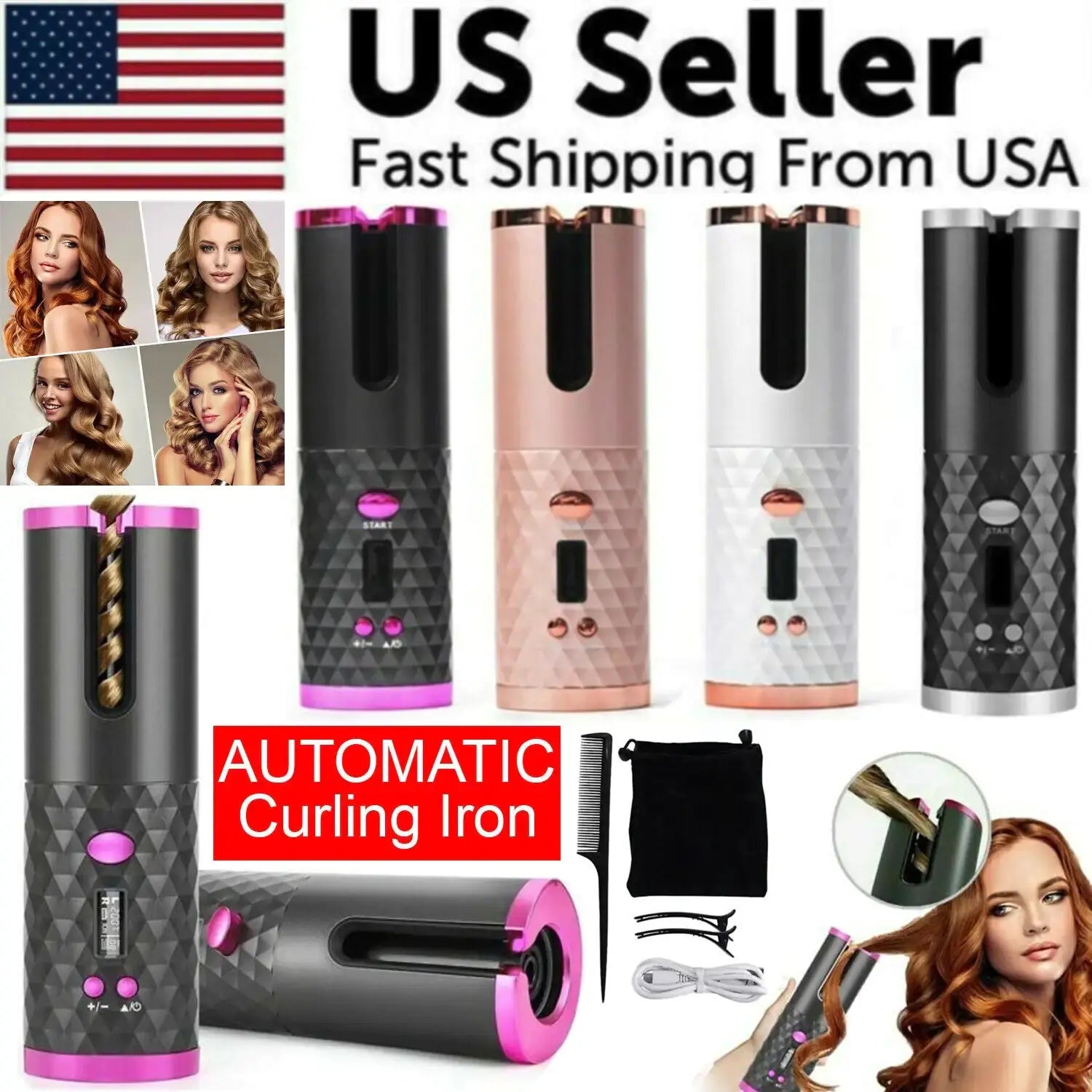 Hair Curler LCD Cordless Auto Rotating Waver Curling Iron Ceramic Wireless USA My Store