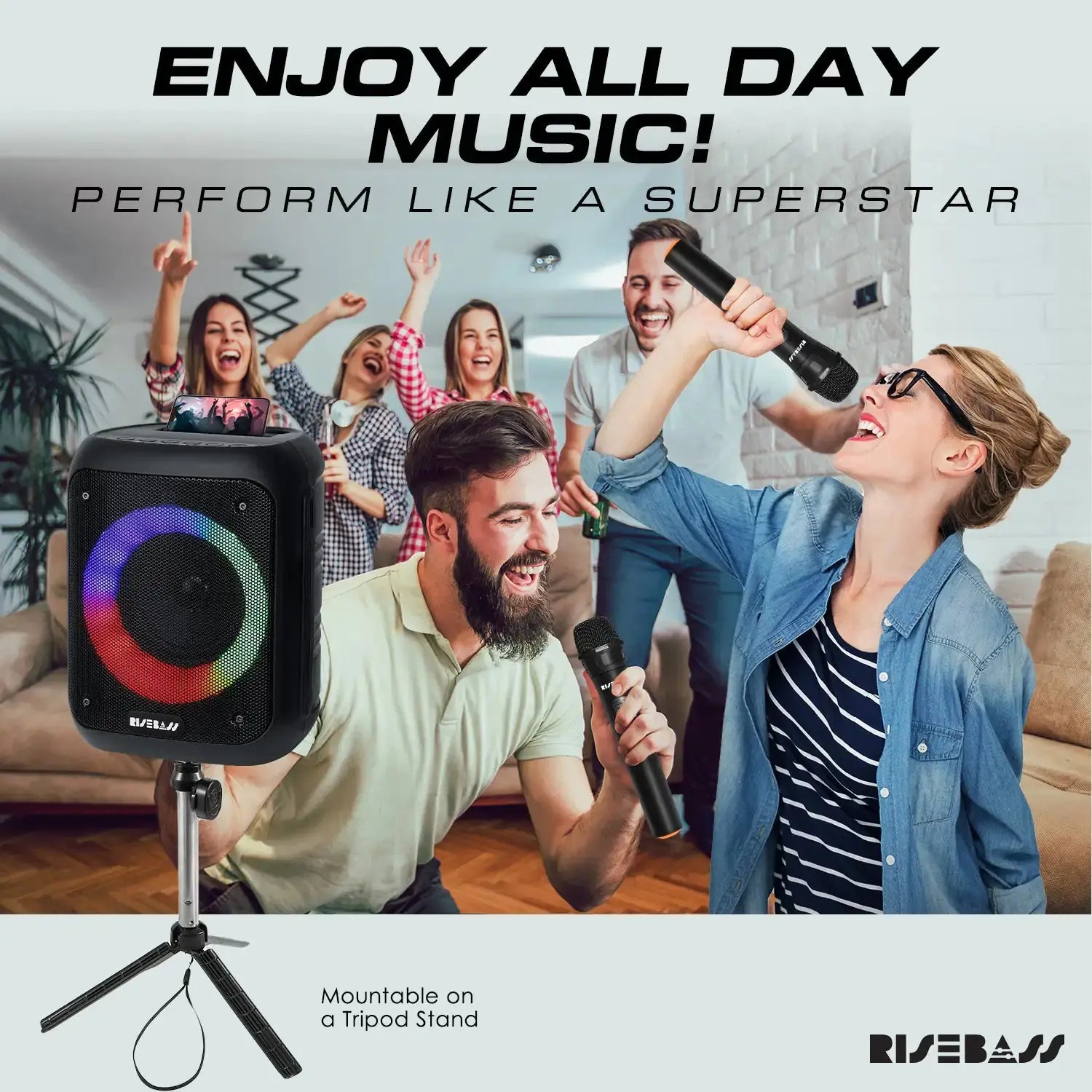 Risebass Portable Karaoke Machine with 2 Wireless Microphones - Bluetooth Rechargeable Speaker with USB/SD/TF Card Support, AUX-in, Tripod Screw Mount and Phone Slot. My Store