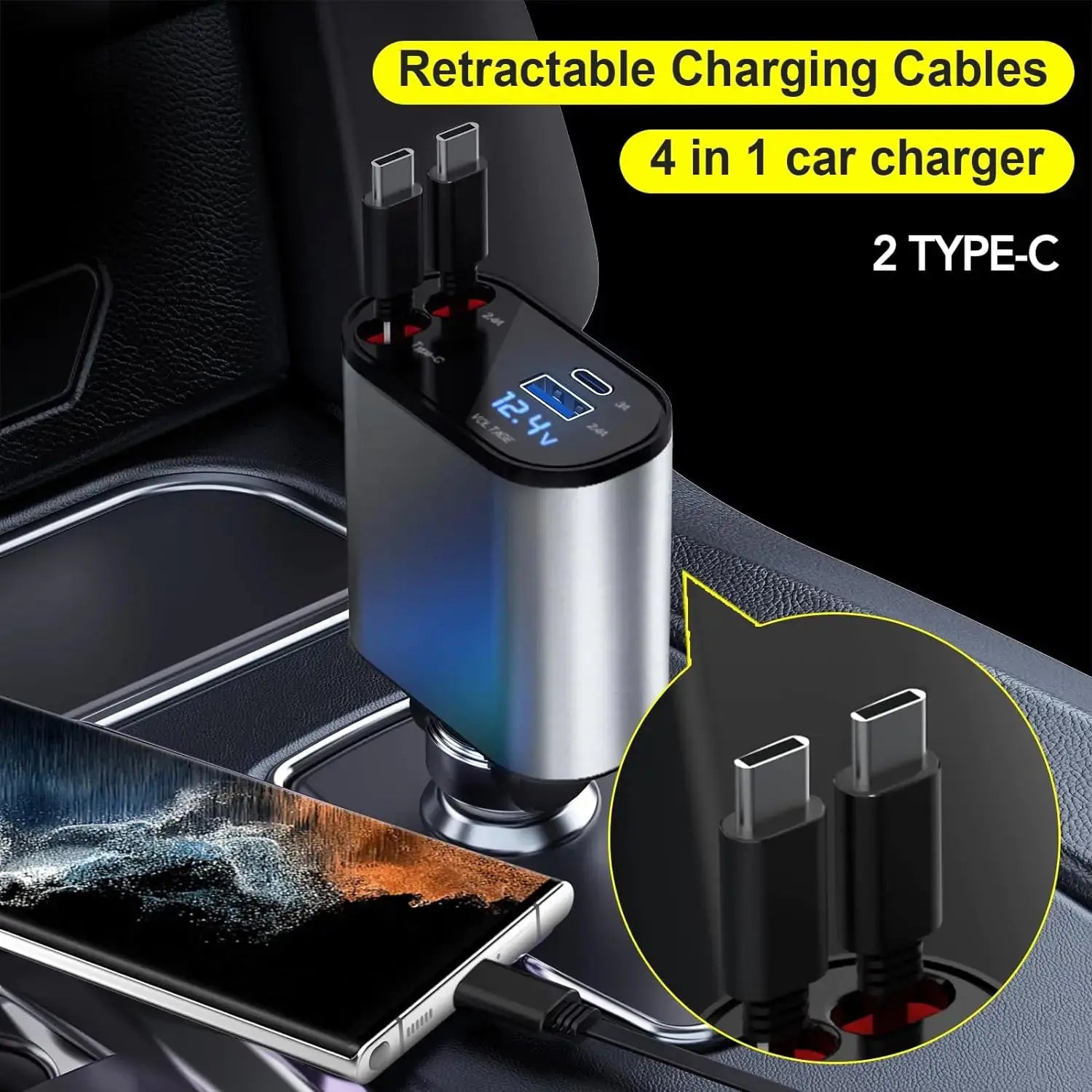 TIKTOK SHOP Retractable Car Charger, 4 in 1 Fast Car Phone Charger 66W, Retractable Cables and USB Car Charger,Compatible with iPhone 15/14/13/12/11,Galaxy,Pixel My Store