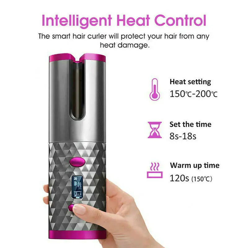 Hair Curler LCD Cordless Auto Rotating Waver Curling Iron Ceramic Wireless USA My Store