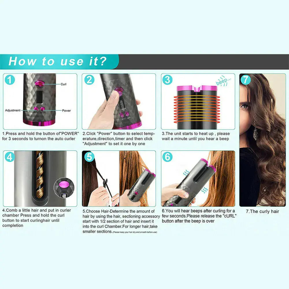 Hair Curler LCD Cordless Auto Rotating Waver Curling Iron Ceramic Wireless USA My Store