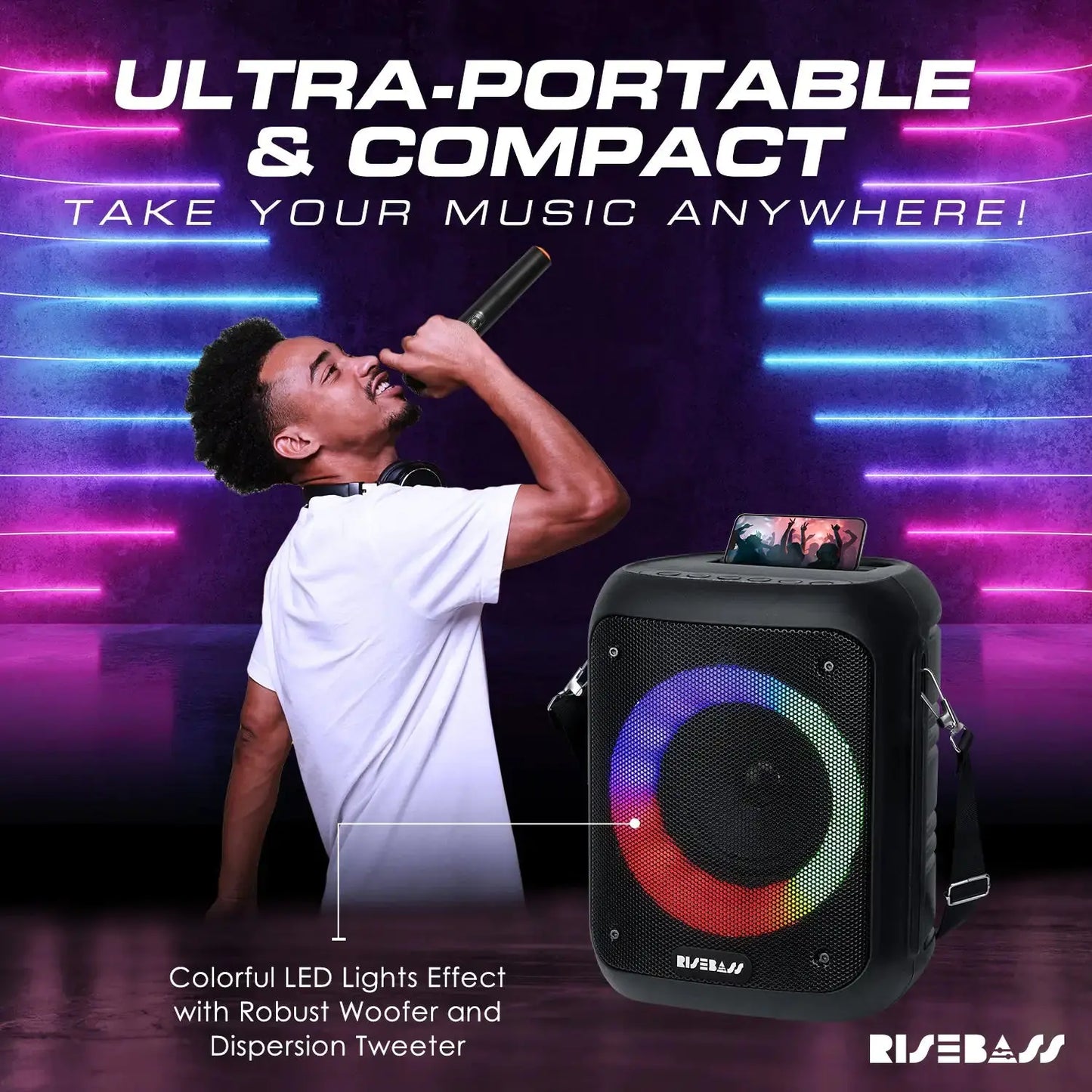 Risebass Portable Karaoke Machine with 2 Wireless Microphones - Bluetooth Rechargeable Speaker with USB/SD/TF Card Support, AUX-in, Tripod Screw Mount and Phone Slot. My Store