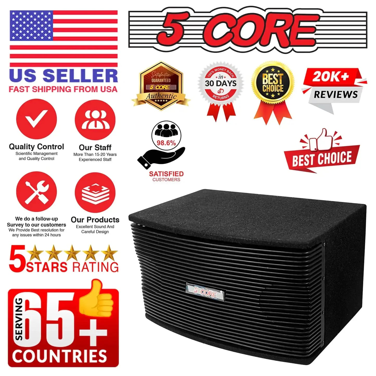 5Core Box Subwoofer for Car 1Pc Black 800W Peak Power 8 Inch Vented Trunk Speaker Woofer 8 Ohm My Store