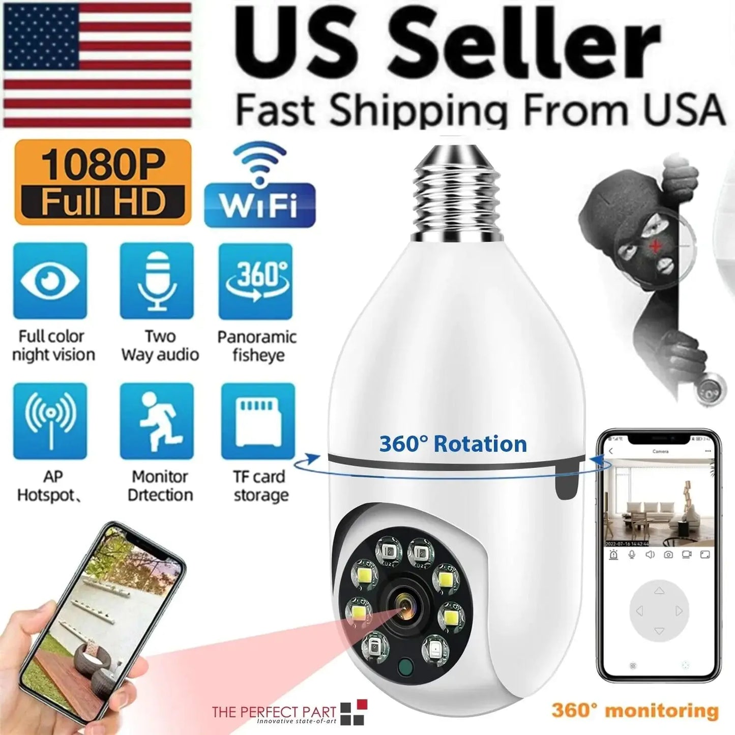 360° 1080P IP E27 Light Bulb Camera Wi-Fi IR Night Smart Home Wireless Security My Store